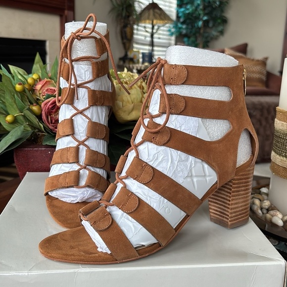 Marc Fisher Paradox Medium Brown Suede Lace Up Block Heel Sandals Back Zipper - Picture 3 of 16